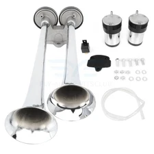 Loud Dual Trumpet Train Air Horn System Kit For Car Truck 12V Chrome Silver