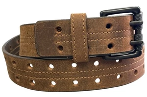 Full Leather Double Prong Two Hole Brown Belt, Distressed With Center Stitching