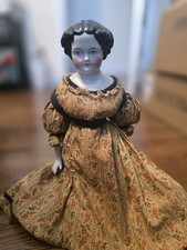 Antique 20" Black Hair China Head Doll w/ molded Bow Original Clothes and Shoes