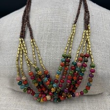 Boho Multi Strand Wood Bead Necklace Brass Tone Tubes Colorful Bib 29 Ext