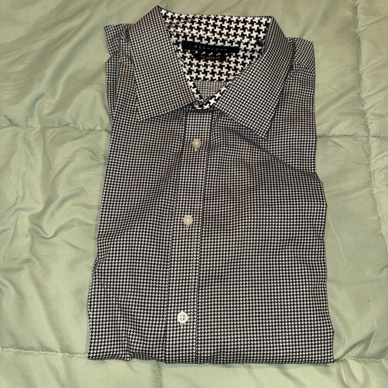 NWT SEAN JOHN Dress Shirt Tailored Fit Black Checkered Diamond Men 18 1/2 34/35