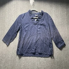 Crown And Ivy Navy Blue Womens Ruffle Neck Blouse Extra Small XS 3/4 Sleeve