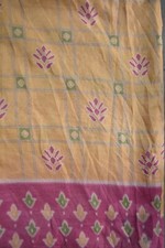 FNC Vintage Saree Indian Beige Hand Woven Ikat Blend Silk Sari Craft Fabric 5Yd.