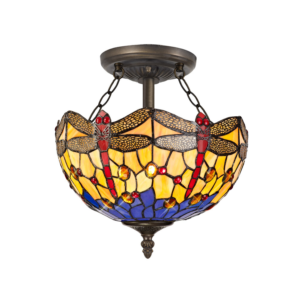 Tiffany by Tiff Semi Flush Dragonfly Styled Dome Shaded Ceiling 2 Light - Brass