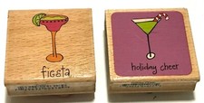 2 WOOD MOUNT RUBBER STAMPS HAPPY HOUR COCKTAILS FIESTA HOLIDAY CHEER