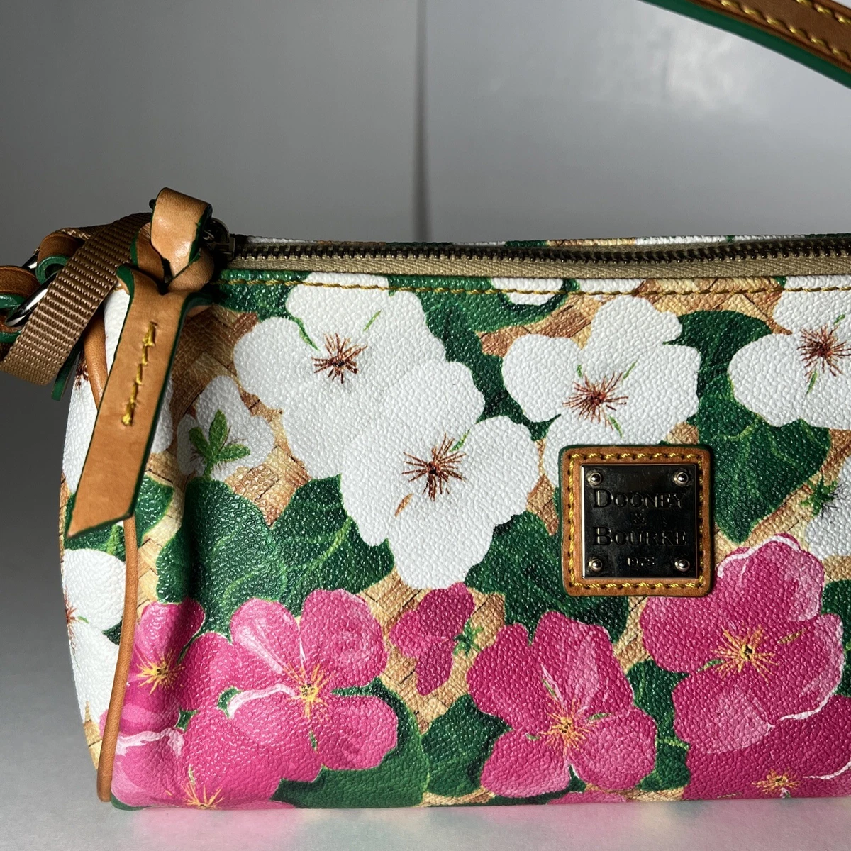Dooney Bourke Small Pink and White Flowers Purse with Tan Leather Trim