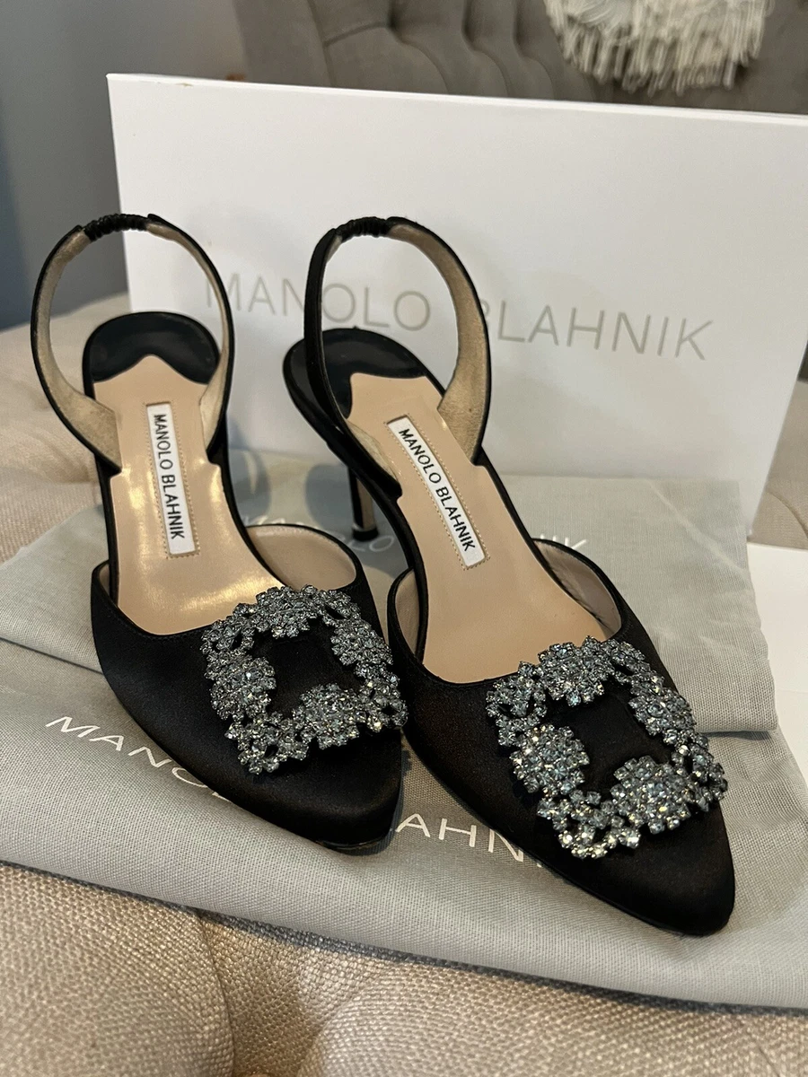 Manolo Blahnik HANGISI 70mm Black Satin Jewel Buckle Slingback