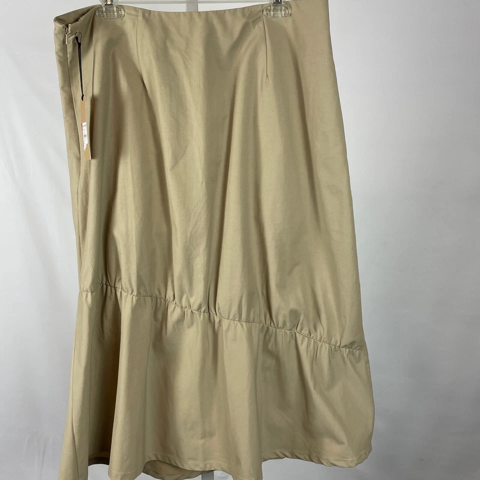 Saia midi frontal com babado halogênio tamanho 16 bronzeado sólido zíper lateral mistura de algodão nova com etiquetas - Imagem 3 de 4