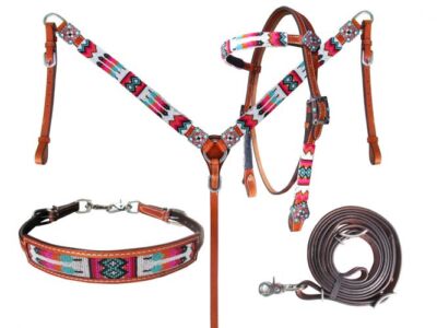Showman Beaded Tribal 4 Piece Set headstall, breastcollar, wither strap & reins