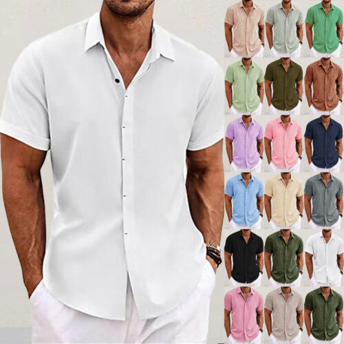 Men Solid Short Sleeve Turn-Down Collar T-shirt Button Tops Tee Blouses Work OL