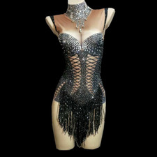 Women Crystals Black Fringes Bodysuit Bling Rhinestones Dance Costume Outfit