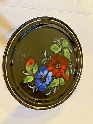 Russian YEHA Small Circular Tray  Floral 7'' Metal Black Lacquer, Hand Painted