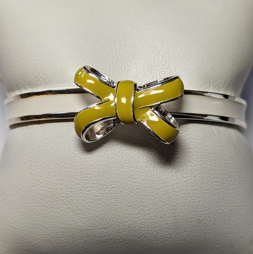 Vera Bradley Live Love Hope White Yellow Cuff Bangle Bow Bracelet Silver Tone - Picture 2 of 11
