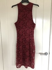 Womens Boohoo Burgundy Red Lace High Neck Bodycon Dress Size 10