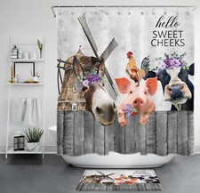 Rustic Vintage Farm Animal Purple Floral Shower Curtain Bathroom Accessories Set