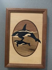 Hudson River Inlay Orca Whales Signed Nelson Killer Whale Brown Wood Art Decor