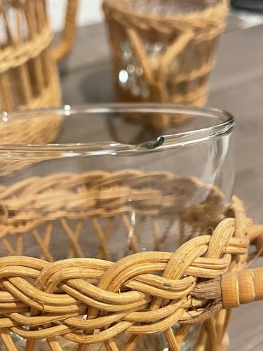 Vintage Rattan Wicker Juice Pitcher & Glasses Set Woven Handle 10 Piece Boho MCM - Picture 5 of 10