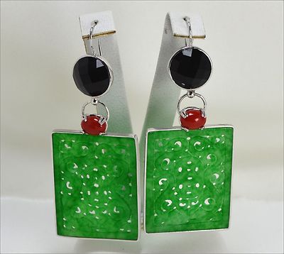 OHRRINGE SILBER 925 MIT GRÜNER JADE ROTE KORALLE ONYX ANHÄNGER AGHT 0495