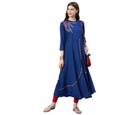 YASH GALLERY Women's Rayon Embroidered Anarkali Kurta Blue 