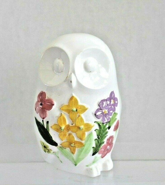 Vintage White Ceramic Owl Vase Planter Raised Pink Yellow Purple