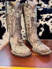 CORRAL SQUARE TOE TEEN BROWN/BONE EMBROIDERY WESTERN BOOT A2980 Size 1