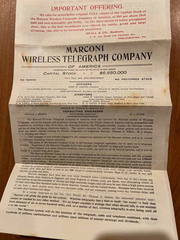 early 1900s Marconi Wireless Telegraph Co. prospectus