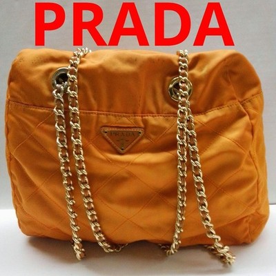 PRADA Orange Nylon Double Chain Shoulder Bag with Gold Hardware, High-End Luxury