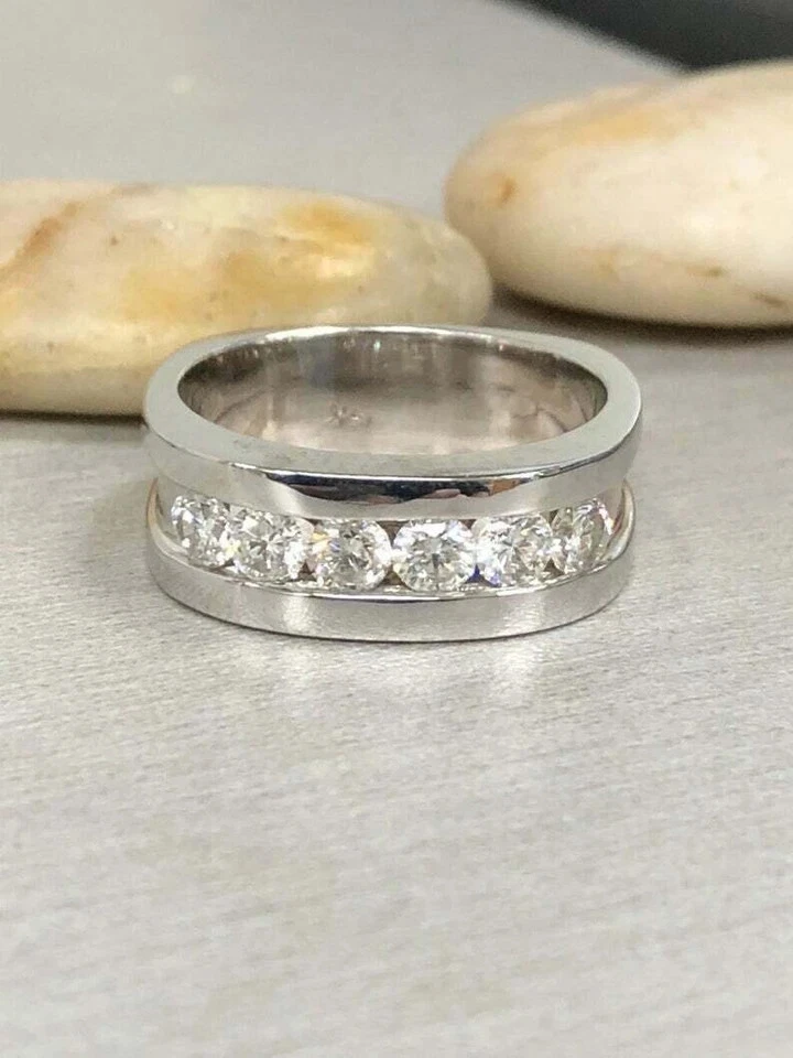 3Ct круглый Lab-Created бриллиант свадебный канал набор мужчин кольцо группы 14K золото отделка - Изображение 3 из 4