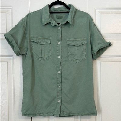 THREAD AND SUPPLY Size Medium Palm Leaves Button Down Shirt Short Sleeves Tencel