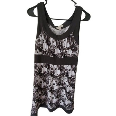 LOFT Ann Taylor Skull Floral Print Empire Waist Sleeveless Tunic Top Small Gray