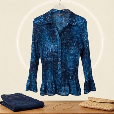 Addition Elle 16 Blouse Blue Sheer Plissé Flared Bell Sleeve Plus Boho Abstract
