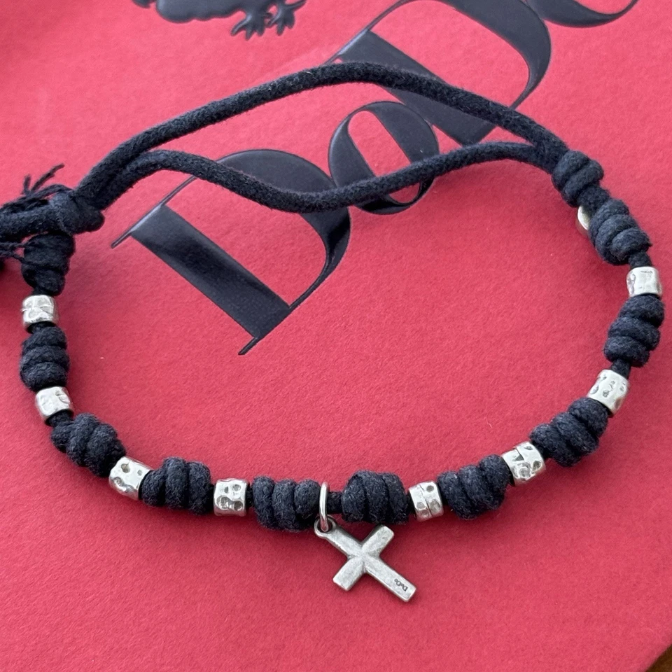 Bracciale Croce Dodo Pomellato Argento Granelli Cordino Nero Porta Fortuna Fede - Immagine 3 di 3