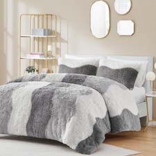 Shaggy Faux Fur Comforter Set, Cozy  Soft Long Fur with Ombre Color Waves Pa...