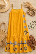 Zara MIDI Dress L Mustard Yellow Boho Blue Applique Strappy Tiered Cotton Linen