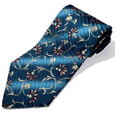 Claiborne Vintage 100 Silk Mens Tie Teal Silver Burgundy Floral Subtle Lines