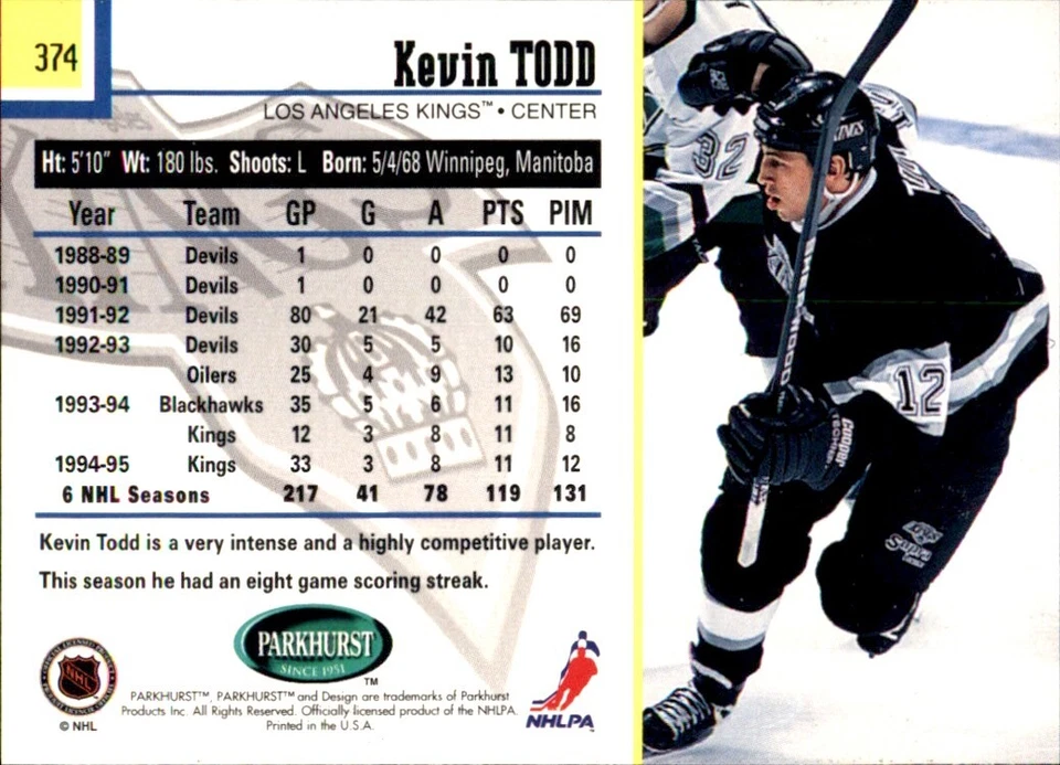 1995-96 Parkhurst International #374 Kevin Todd LOS ANGELES KINGS - Image 2 of 2