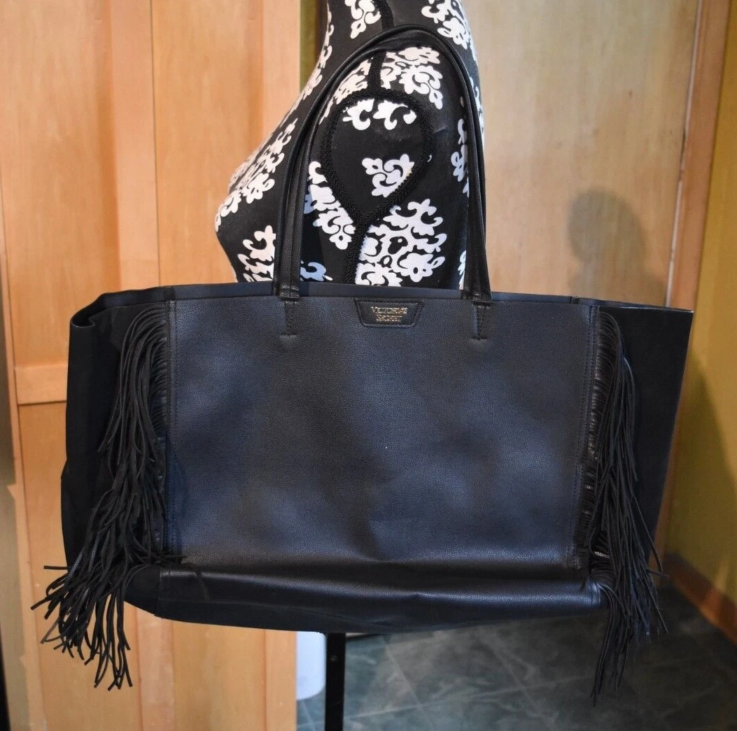 VICTORIAS SECRET Black faux leather Fringe Tote Bag purse large – Pocatello  Market