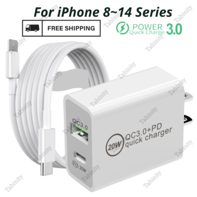 For iPhone 14 13 12 11 Pro XR X 8 QC PD 20W Fast Charger USB Type-C Wall Adapter
