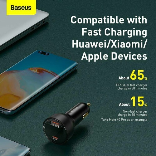 Baseus 100W Dual USB Type-C Car Charger Fast Charging Digital Display For iPhone - Picture 5 of 12