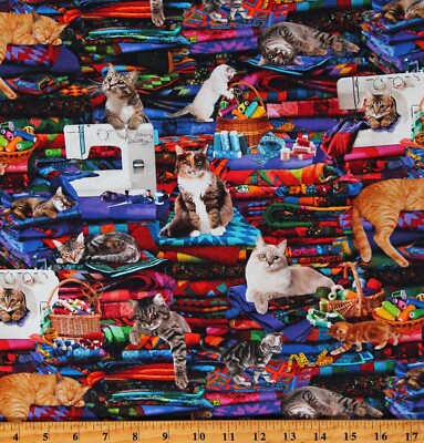 Cotton Cats on Quilts Sewing Machines Seamstress Fabric Print by Yard D579.89