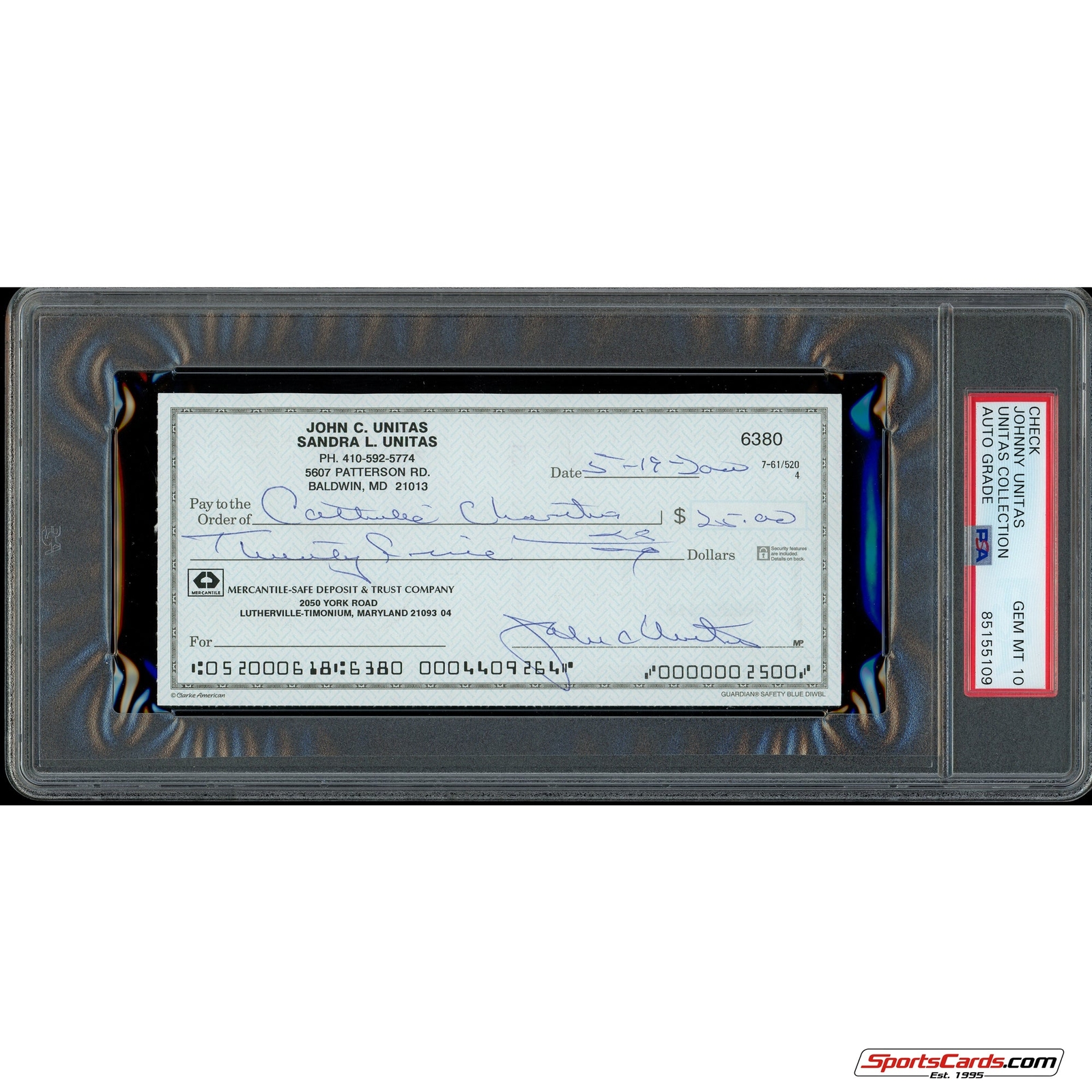 Johnny Unitas Signed Autographed Personal Check PSA DNA Gem Mint 10