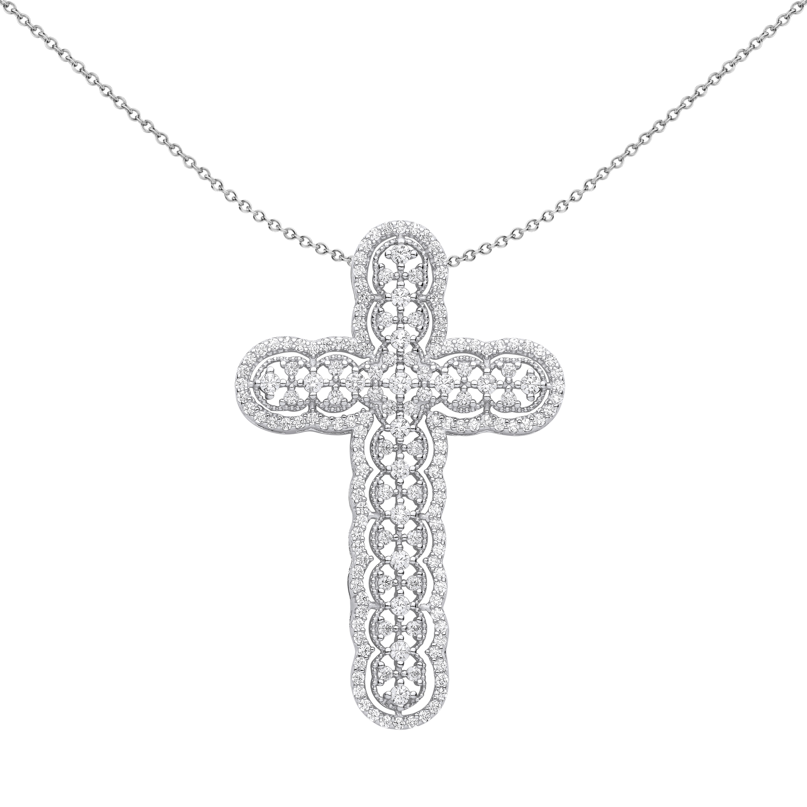 Silver Jewelco London CZ Scallop Overlapping Circles Cross Necklace 18 Inches