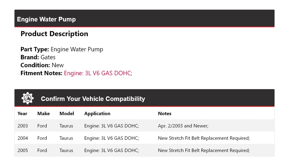 Para Ford Taurus 2003-2005 3L V6 Gas DOHC Motor Bomba Agua Puertas 2004 Foto 2 de 4
