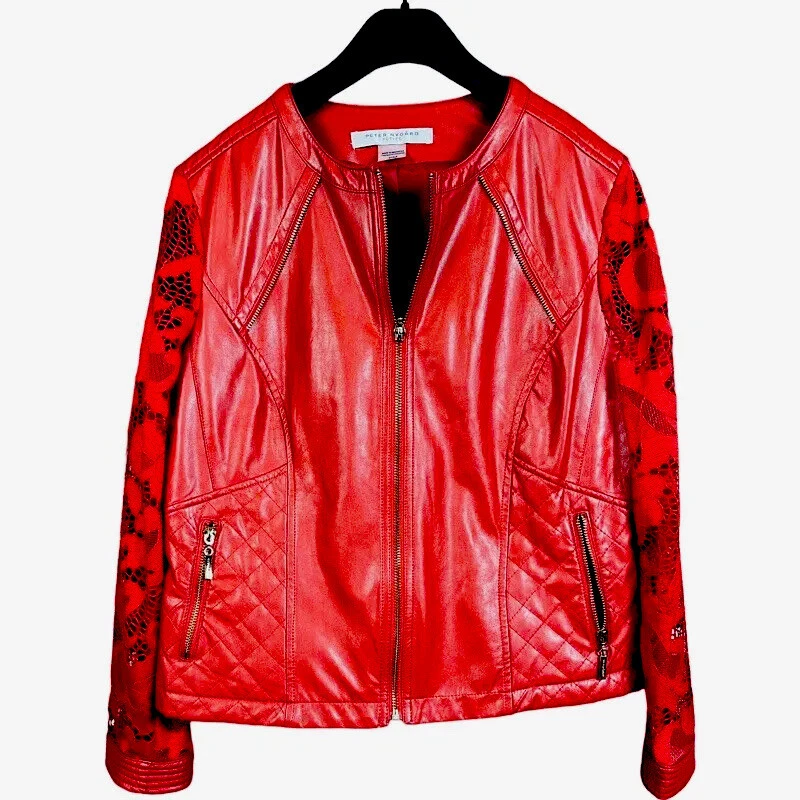 CHAQUETA PETER NYGARD MUJER ROJA IMITACIÓN CUERO Y ENCAJE FLORAL CREMALLERA COMPLETA TALLA P MED Foto 3 de 4