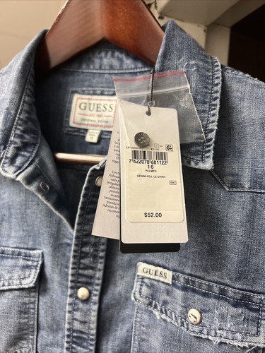 Guess Denim Shirt KD US Size 16 Blue Long Sleeve Western Pearl Snap Button Up - Picture 3 of 6