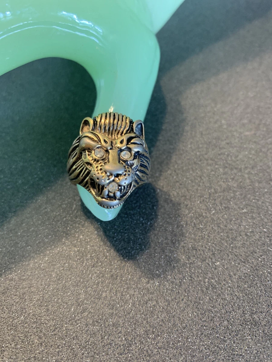 18 KHGE VINTAGE LARGE UNUSUAL LION HEAD GOLD TONE RING RHINESTONE EYES MOUTH
