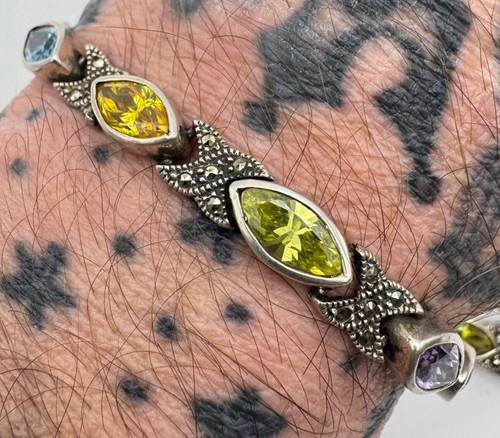 "Brazalete vintage de plata esterlina con forma de marquesa de varias piedras preciosas de 8""" - Imagen 3 de 11