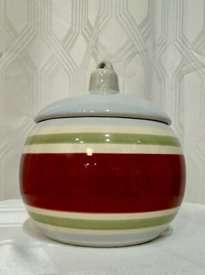 Longaberger Pottery Striped Lidded Jar Christmas Candy Dish