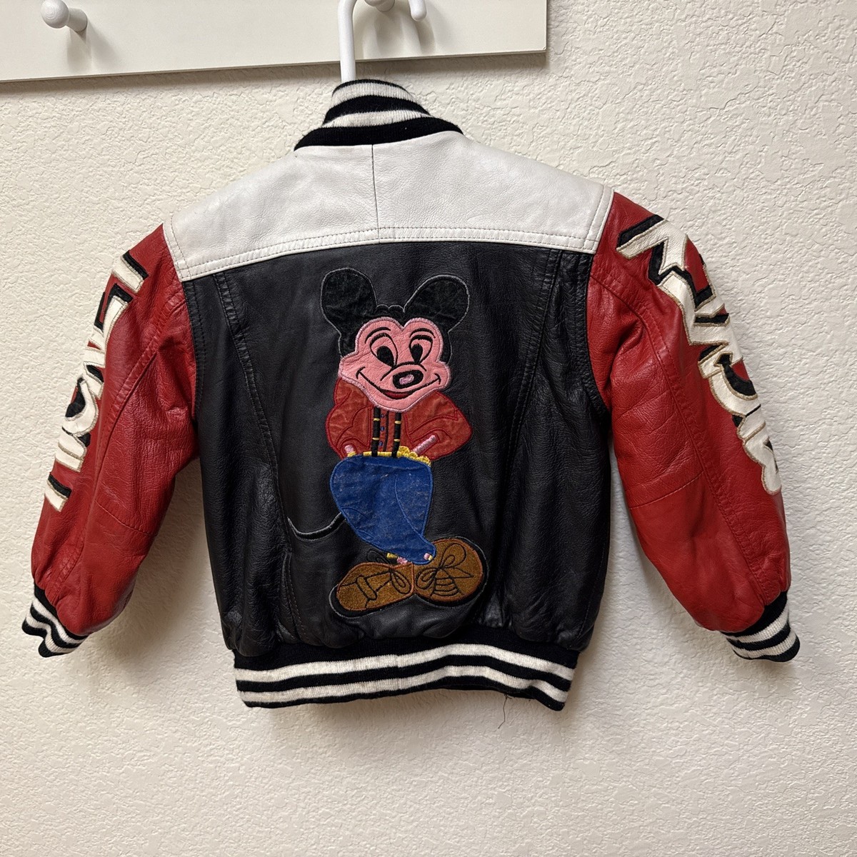 Vintage Disney Mickey Mouse Kids Leather Varsity Jacket Size 4 80s