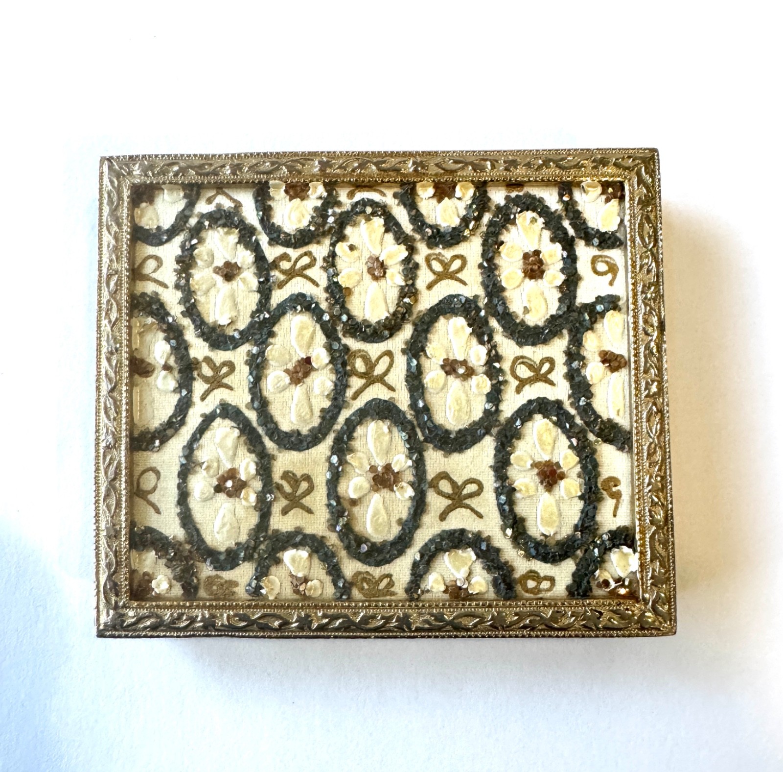 Vintage Blue & Gold Sparkle Floral Compact - Micro Mosaic Style, Heavy Gold Tone